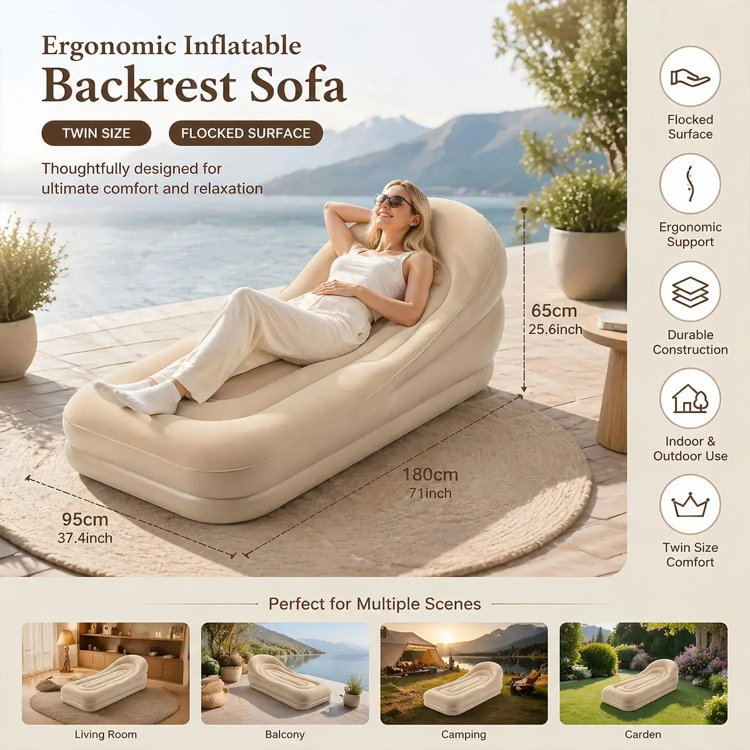 3-In-1 Convertible Sleeper Sofa Bed Heavy Duty Flocked Inflatable Air Couch Built-in Backrest Waterproof Foldable Mattress Portable Furniture with Air Pump for Indoor Bedroom Living - view 8