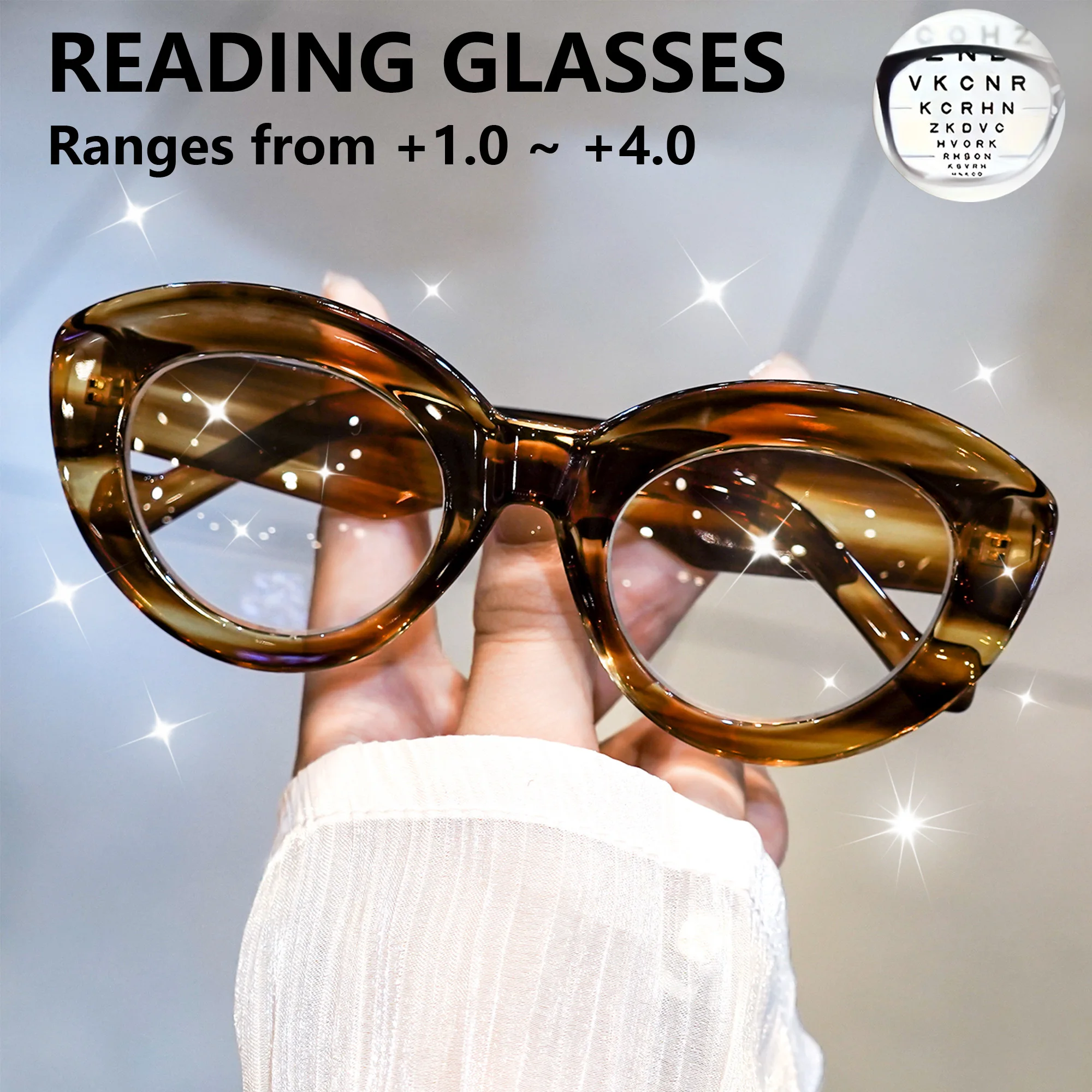 Bequeme Federscharnier-Lesebrille für Männer und Frauen, Retro-Cat-Eye-Lesebrille, ovale, klare, transparente alte Blumenbrille – Detail 3