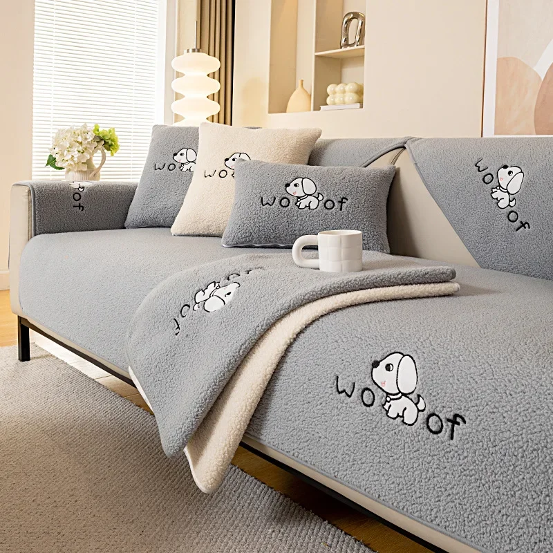 Winter Lamb Velvet Sofa Cushion Nonslip Embroidered Cartoon Sofa Cover Thickening Skin Friendly Couch Cover Solid Color Sofa Mat