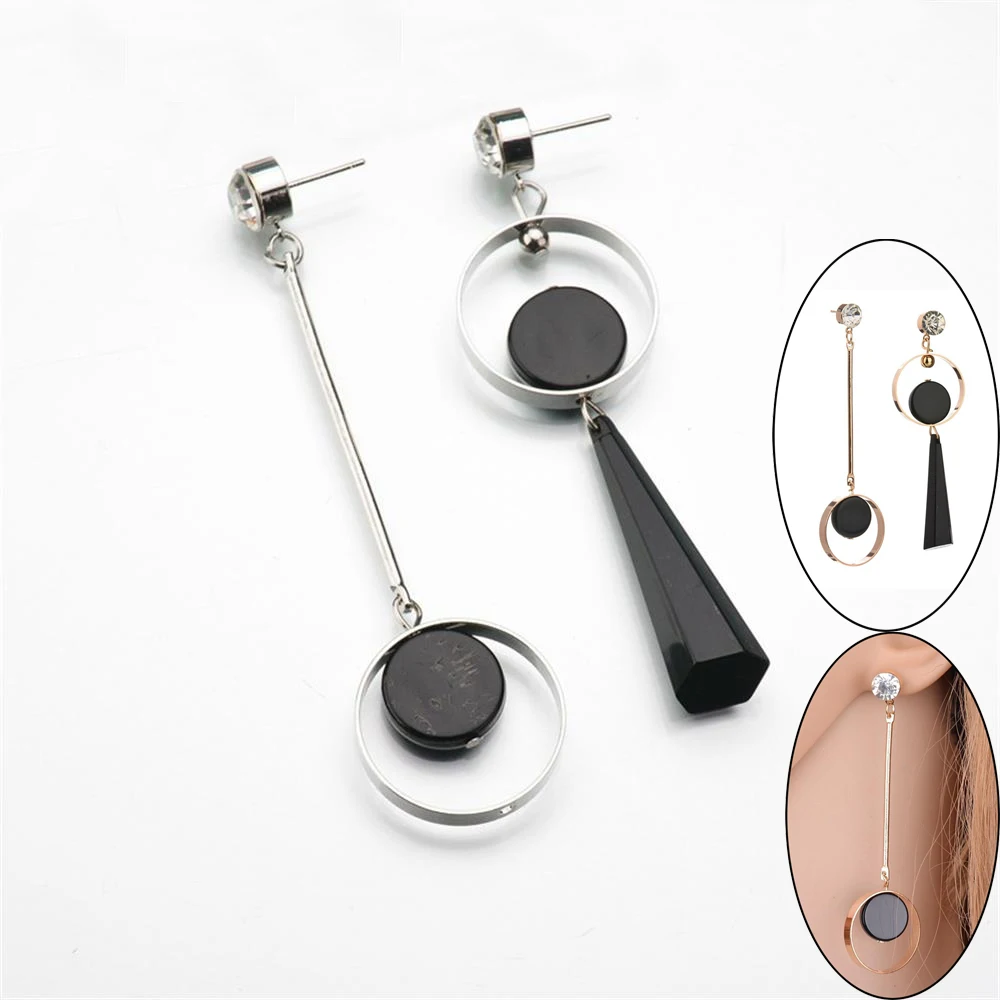 

1Pair Party Women Drop Dangle Earring Crystal Rhinestones Asymmetry Ear Stud Black Acrylic Pendant