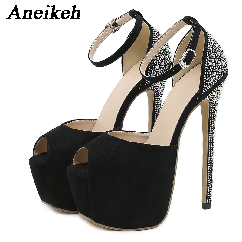 Aneikeh Roman Style Diamond Fashion Platform Pumps Comfortable 16cm High Heel Sandals Buckle Strap Ladies Party Stripper Shoes