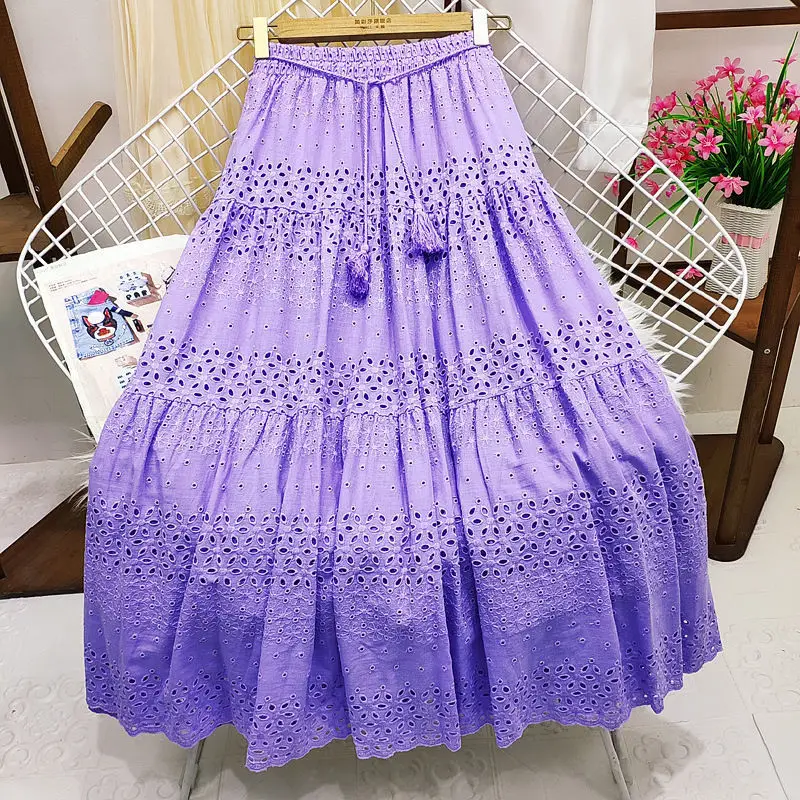 

Korean Version of Lace Skirt for Women, High Waisted Patchwork, Hook Flower, Large Swing, Mid Length, Summer, 2024