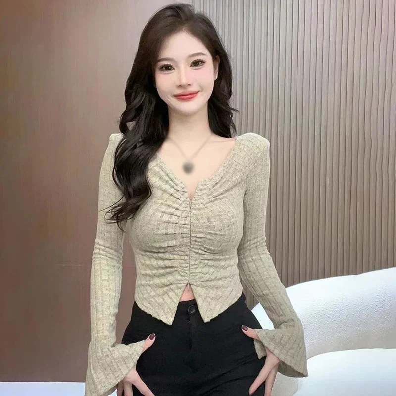 Women's Autumn/Winter flash long sleeve knit sweater Autumn/Spring long sleeve T-shirt 2023 slim V-neck base short Spice chic to