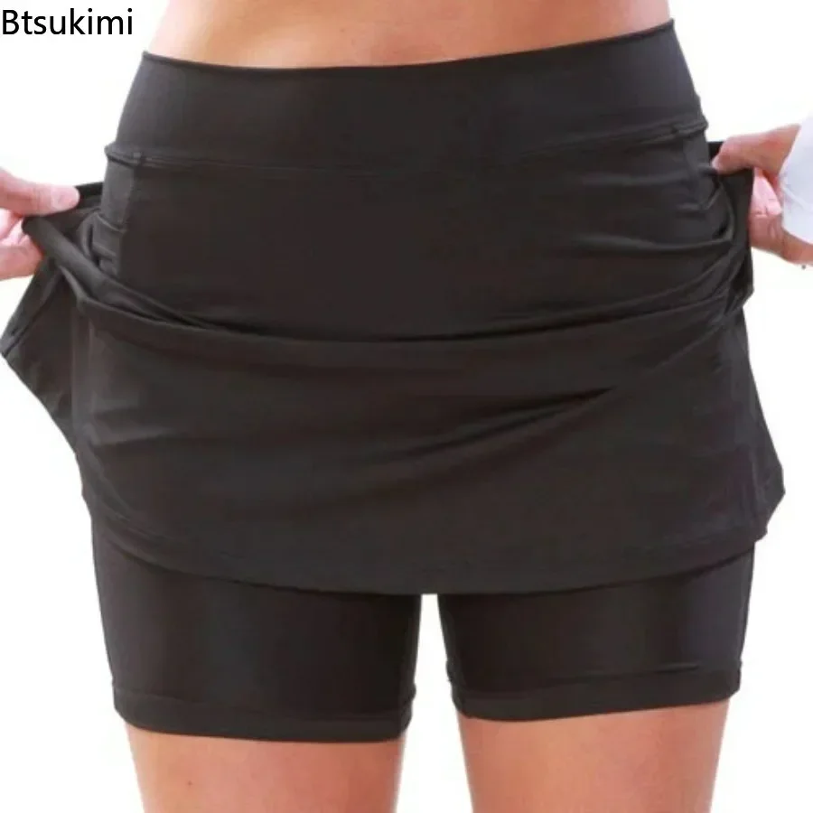 Nieuwe 2025, dames fitness casual hoge taille sportrok shorts hardlopen tennis ademende shorts knielange bodems met zakken