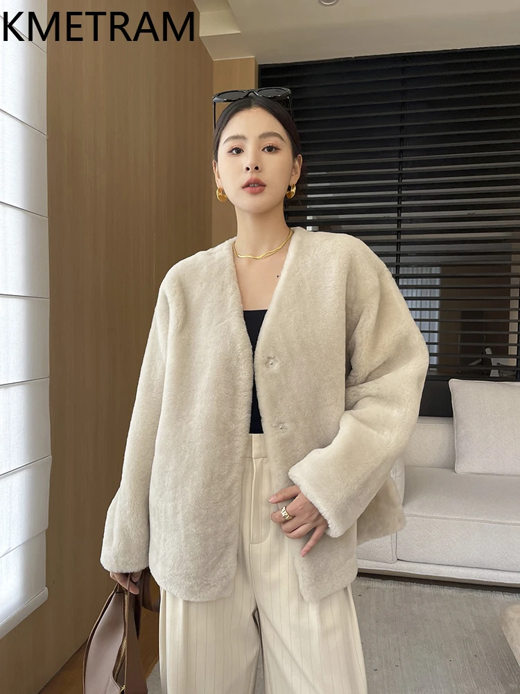 Kurtka damska z prawdziwego futra z wełny merino, dwustronna, krótki płaszcz z futra z dekoltem w serek, odzież zimowa damska 2025 Fourrure