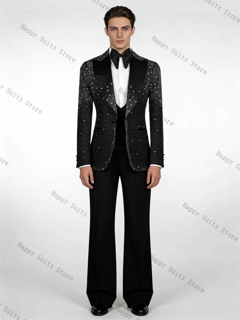 

Black Men Suit Set 2 Pcs Groom Blazer+Pants Trousers Luxury Crystals Formal Office Coat Wedding Tuxedo Customized Jacket Outfit