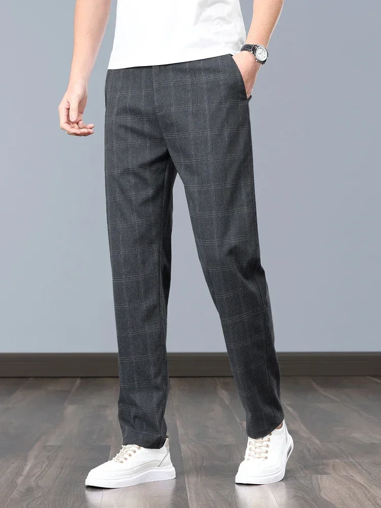 Men Slim Business Pants Summer Thin Casual Pant Fashion Plaid Formal Stretch Grey Black Male Clothing England Trousers