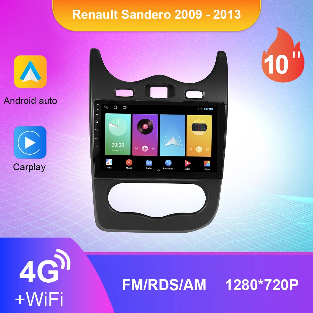 10 Inch Car Multimedia Radio For Renault Sandero 2009 - 2013 Android GPS Navigation Carplay WIFI 4G Camera DSP 2Din NO DVD