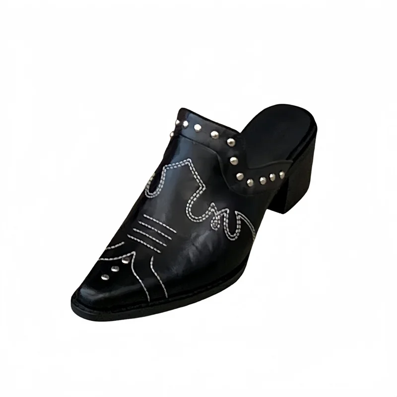 

Black Heels Ladies Shoes Summer Close Toe Chunky Shoes For Woman 2026 Leisure Muller Slippers Vintage Block High Heels