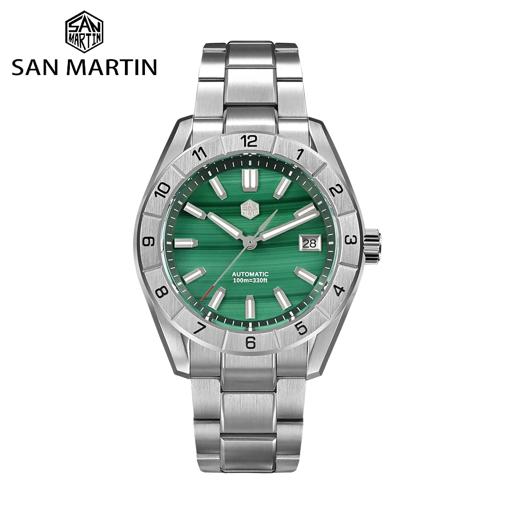 

San Martin 42mm Luxury Men Watch Green Malachite Dial Stainless Steel Mechanical wristwatch Sapphire Waterproof 10Bar SN0130G-B