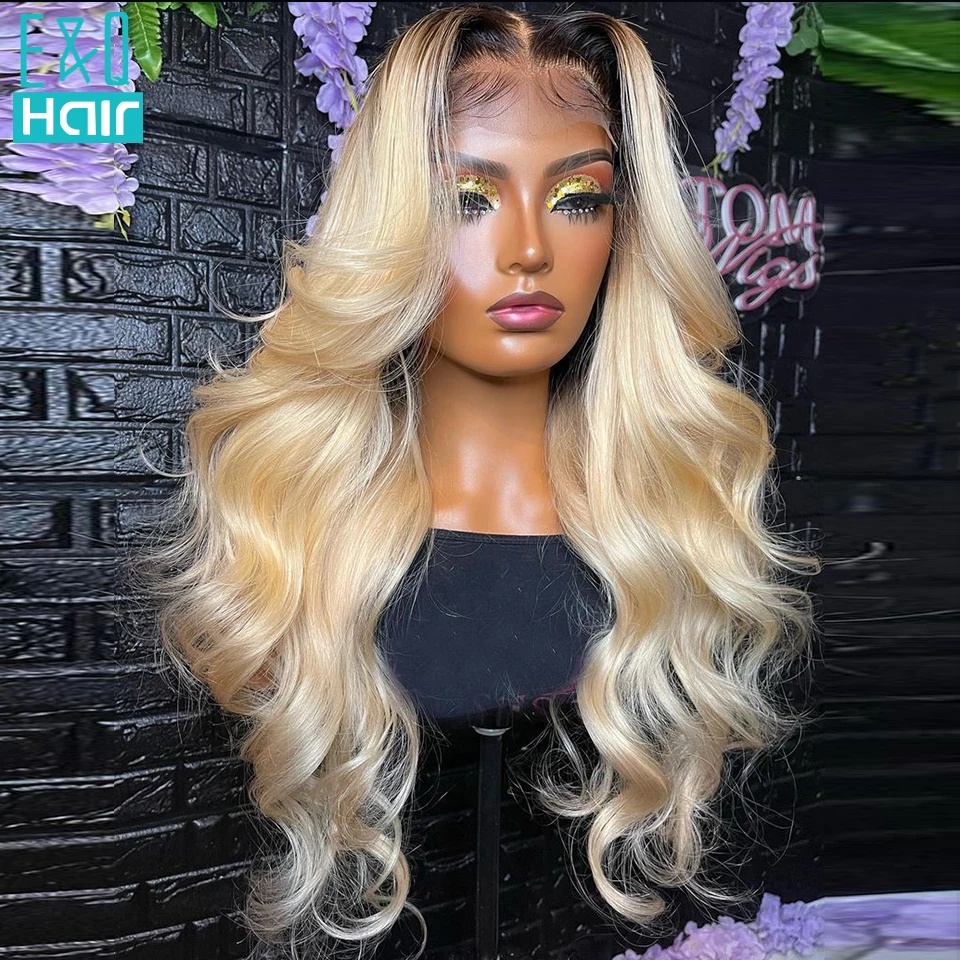 Ombre cor onda do corpo cabelo humano peruca dianteira do laço 613 loira marrom raiz peruano remy parte perucas de renda para mulheres preplucked linha fina