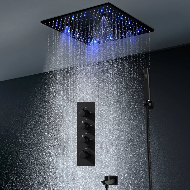 

20‘’ Thermostatic Bathroom LED Shower Set 500mm Ceiling Shower Head Rainfall Mist Balck 3 Functions