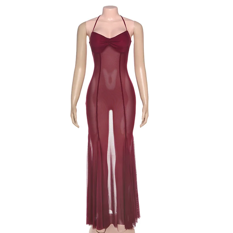 Dsmtrc feminino ver através do halter renda retalhos vestido rendas sexy sólido sem costas plissado listra robes meia-noite clubwear vestidos