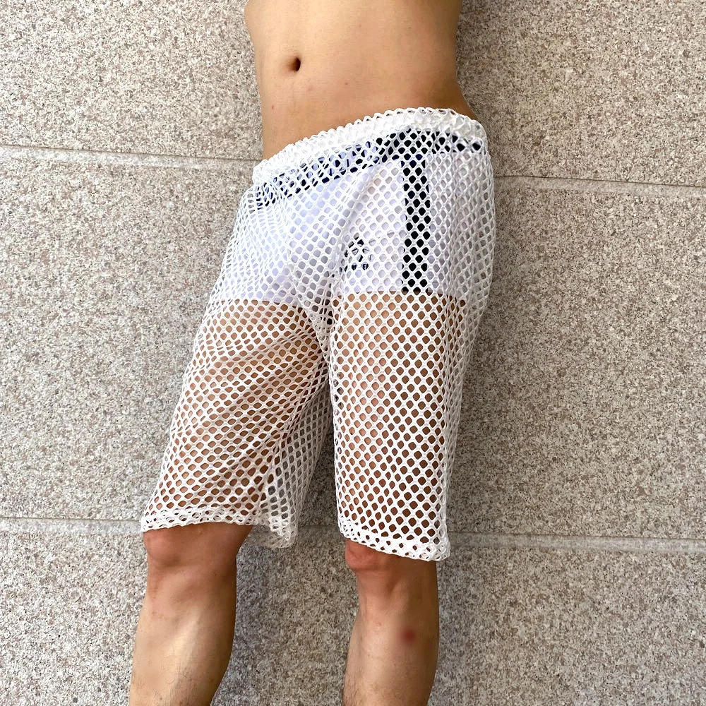 Large Mesh Hollowed Out Breathable Middle Shorts Beach Vacation Niche Cool Summer Home Casual Shorts Sexy Nightclub Party Pants