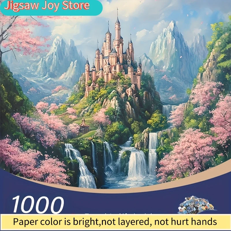 A Mini Puzzle Suitable for Adults - Castle Waterfall & Cherry Blossom Tree Mountain with Miniature Design, & Scratch-Resistant