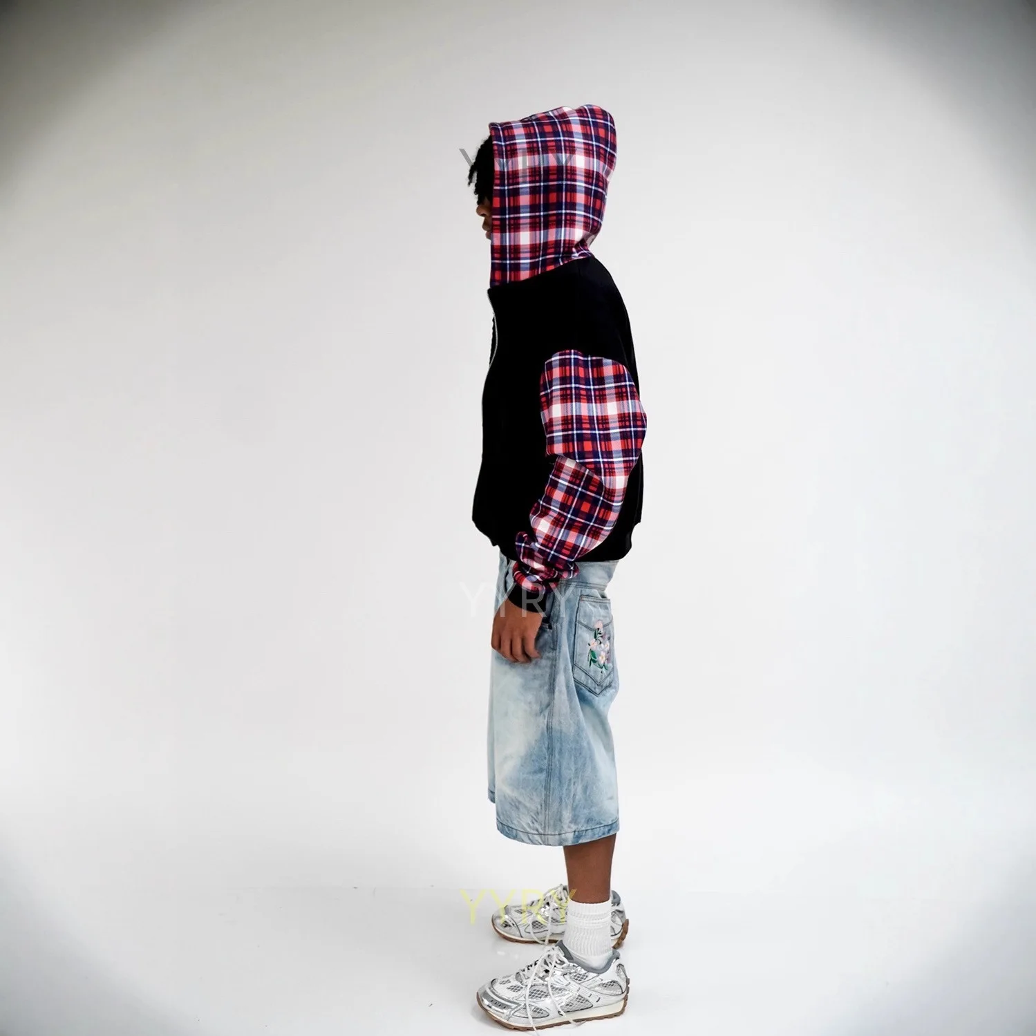 

High street trendy design sense autumn and winter men's and women's patchwork retro checkered new hooded cardigan sweatshirt