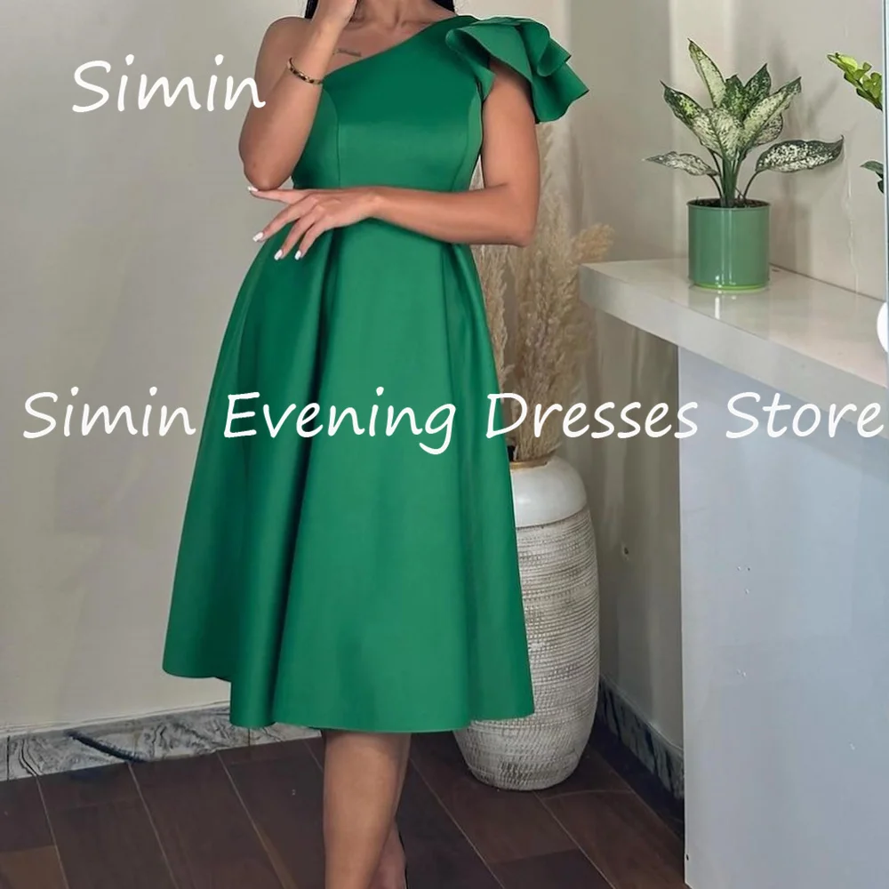 

Simin Satin A-line One-shoulder Ruffle Saudi Formal Prom Gown Arab Tea-length Evening Elegant Party dresses for women 2023