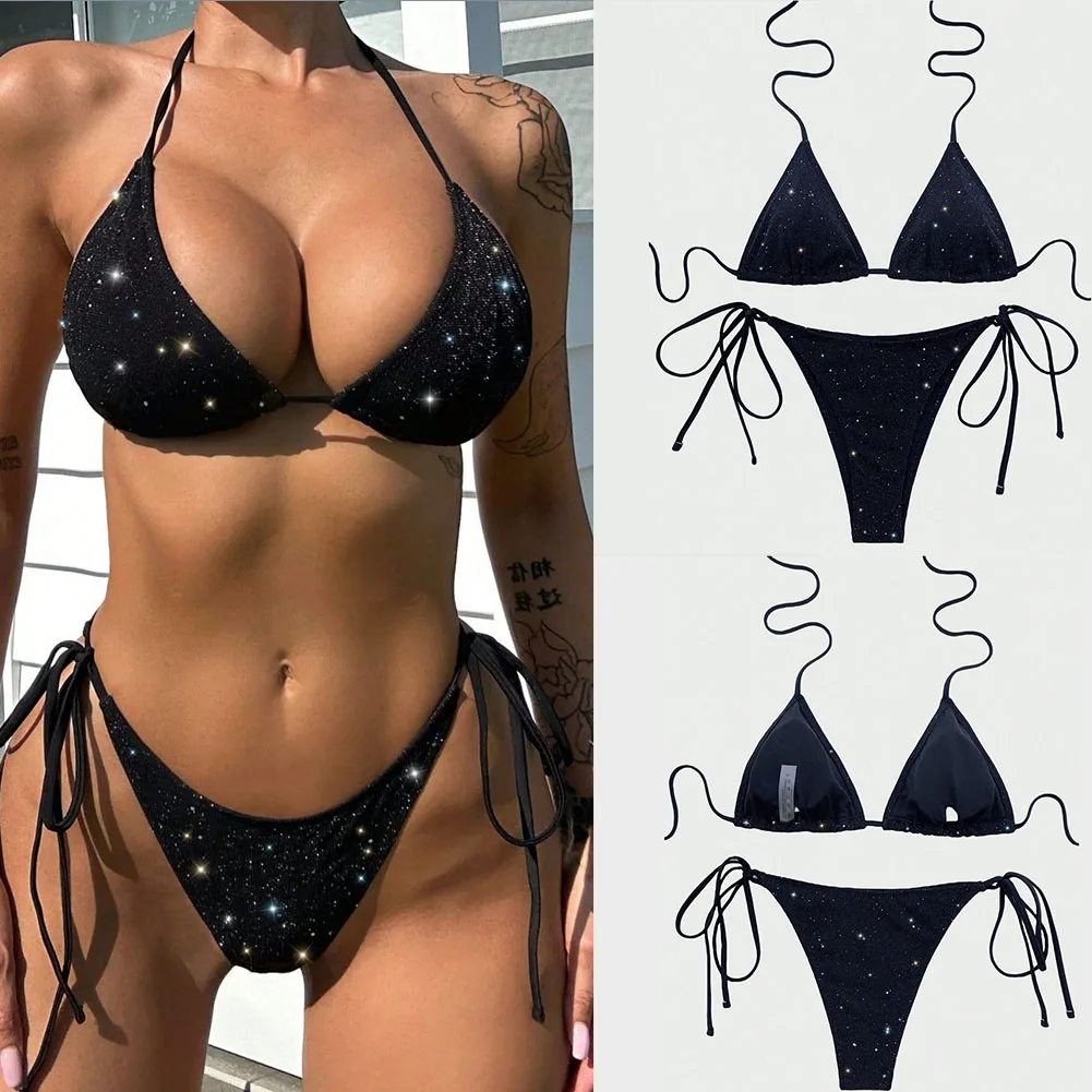 For Summer Vacation Strappy Bathing Suit Women Swimwear Hip 70-102 Cm Tie Up Two Pieces Bathing Suit Bikini Quick Drying Fabric