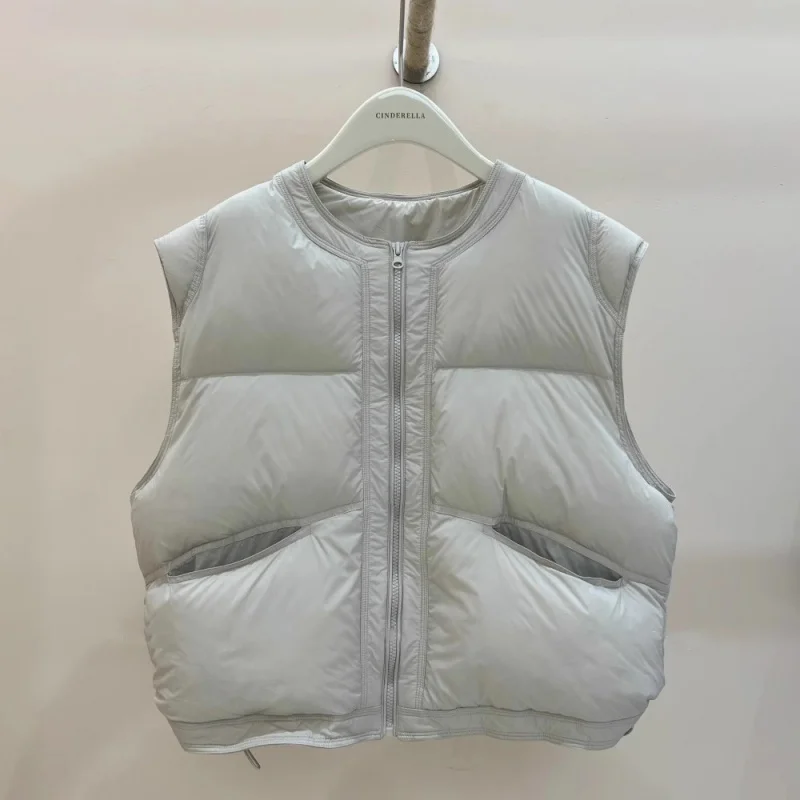 Hochwertige Winter-Weste für Damen mit Rundhalsausschnitt, verdickt, warm, Gänsedaunenweste, modische High-Street-ärmellose Leibchen-Puffy-Weste