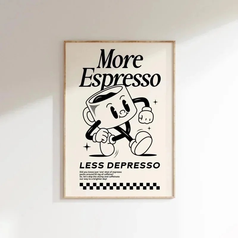 Wandkunst „Mehr Espresso, weniger Depresso“, Wandkunst mit Kaffee-Zitat, Wandkunst für die Kaffeestation, Kaffeebar-Druck, niedliche Drucke, Retro-Zitat – Detail 2