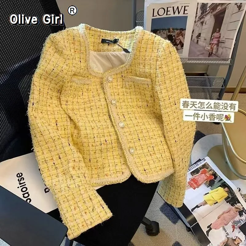 Olivegirl French Elegant Jacket Yellow Short Women's Coat 2026 Spring and Autumn Coarse Tweed Socialite High-end Elegant Top