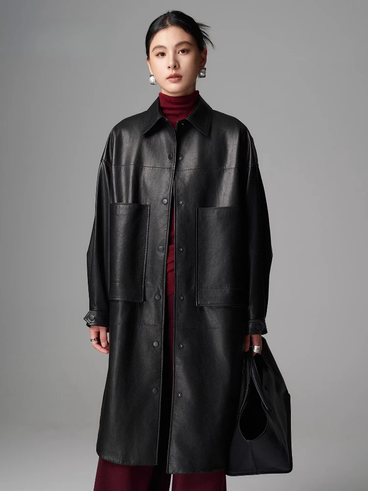 

Casual Long Genuine Leather Jackets Women Spring Autumn High-end Simple Big Pockets Design Soft Black Real Sheepskin Trench Coat