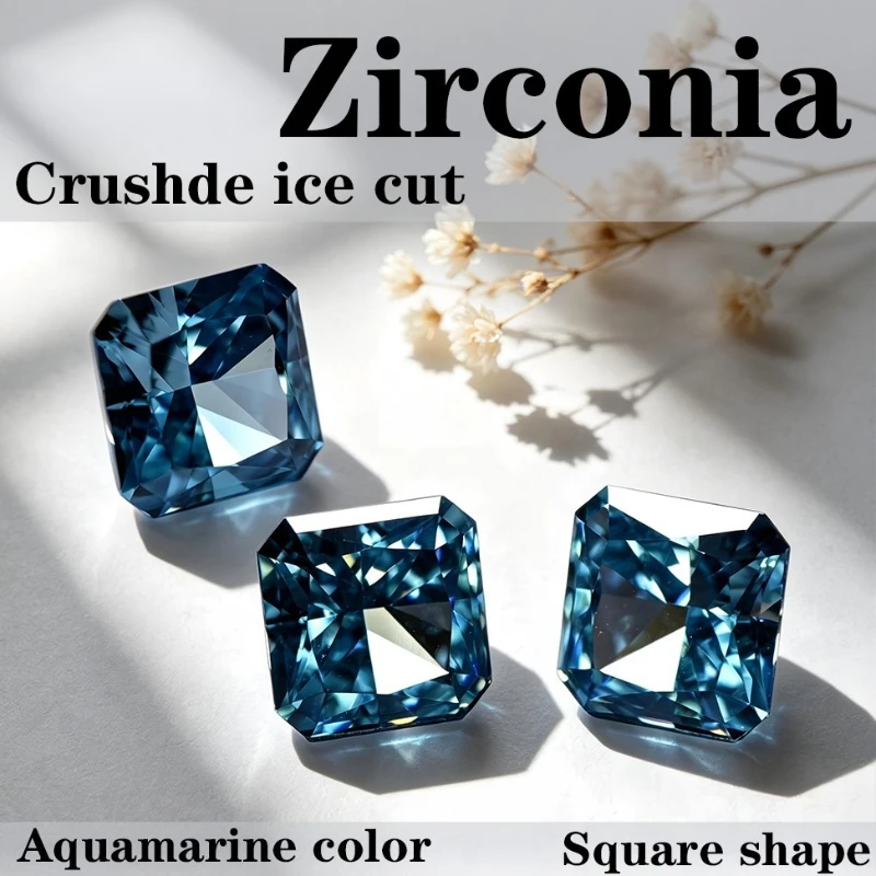 Kubischer Zirkon, synthetischer Zirkon, Aquamarinfarbe, quadratische Form, CZ 4K-Schliff, 5A+ Qualität, Crushed-Ice-Schliff, hochkarätiger Diamant – Detail 1