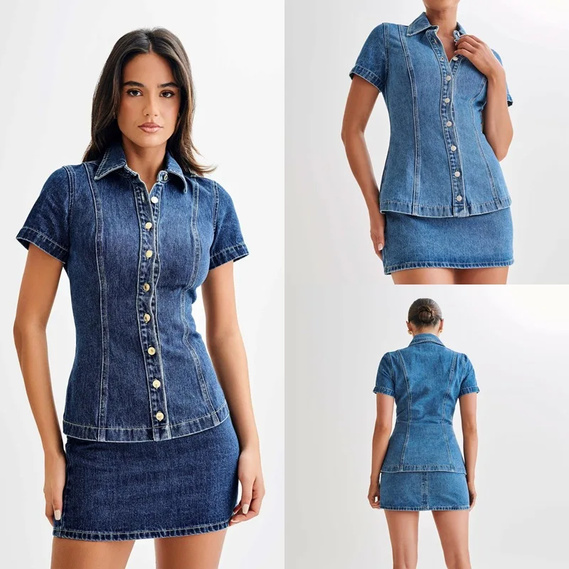 

Denim Skirt Suit Women Distressed Outfits Top Coat Turn Down Collar Single Breasted High Waist Skirts 2 Piece Sets Streetwear