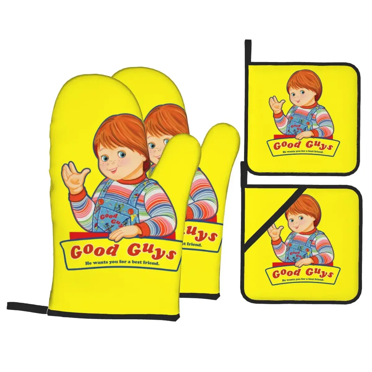 Good Guys Child's Play Oven Mitts and Pot Holders 4pcs Set High Heat Resistant Chucky Doll Cooking Baking Gloves Kitchen BBQ