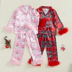 Toddler Kids Baby Girl Christmas Pajamas Sets Satin Santa Claus/Plaid Print Long Sleeve Feather Trim Shirts Pants Sleepwear