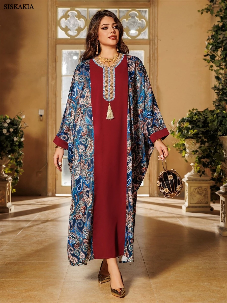 

Siskakia Ramadan Muslim Women's Batwing Sleeve Abaya Floral Print Patchwork Maxi Dress Dubai Tassel Loose Kaftan