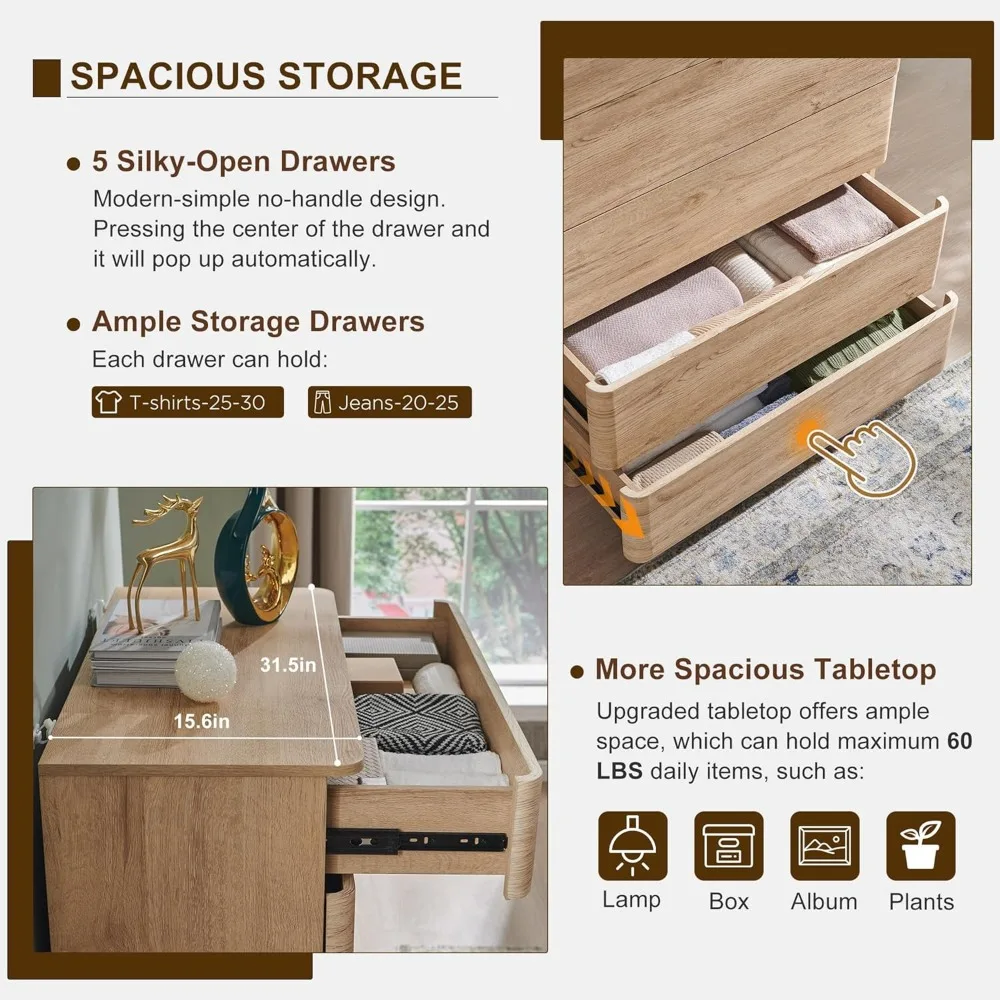 خزانة خشبية معاصرة بخمسة أدراج لغرف النوم، 42 صندوق تخزين طويلًا مع أدراج واسعة، تصميم أنيق بدون مقبض لليفي #4