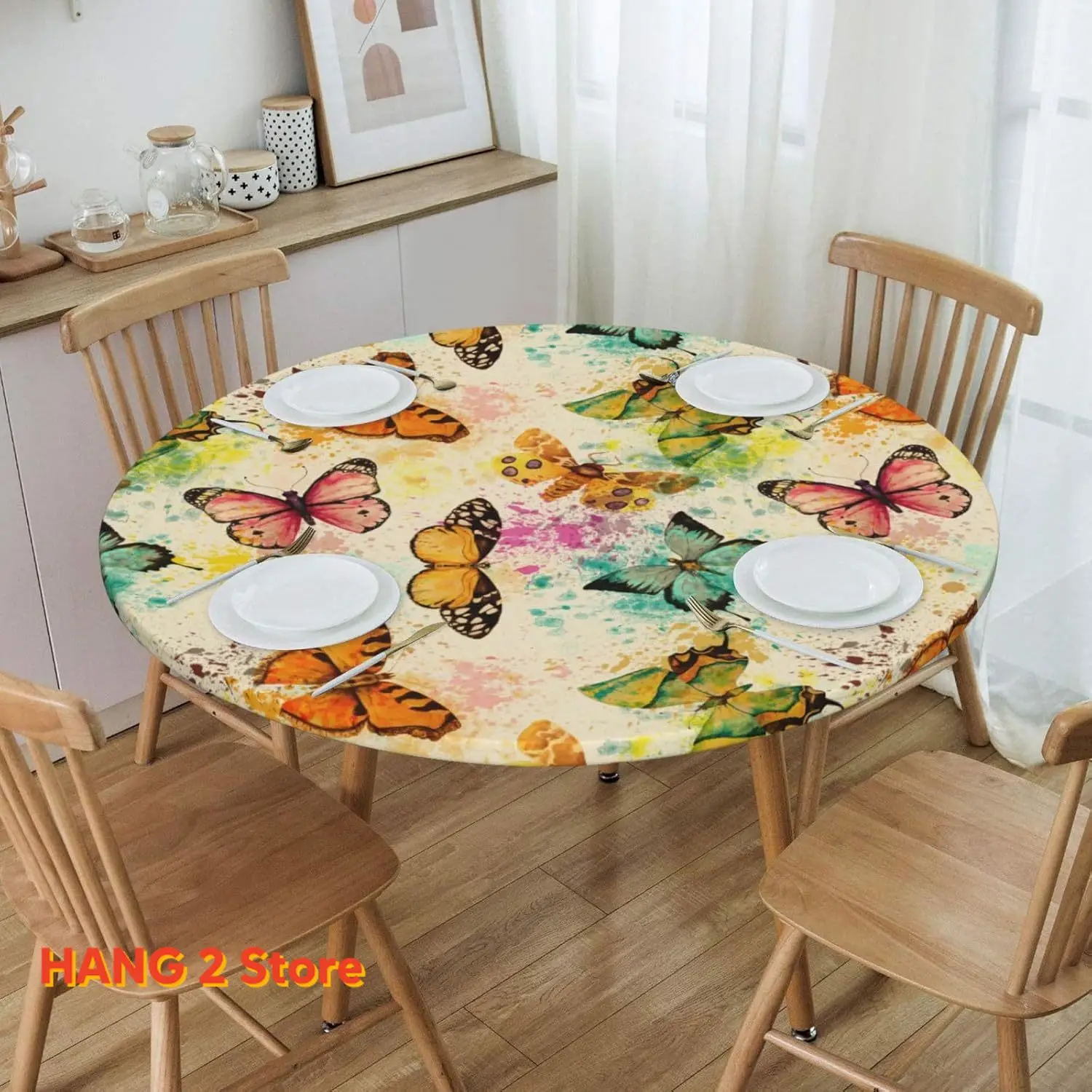 مفرش طاولة مستدير من الفراشات العتيقة باللون الأصفر والأخضر مع واقي مرن لطاولة المطبخ والعشاء مقاوم للماء والزيت