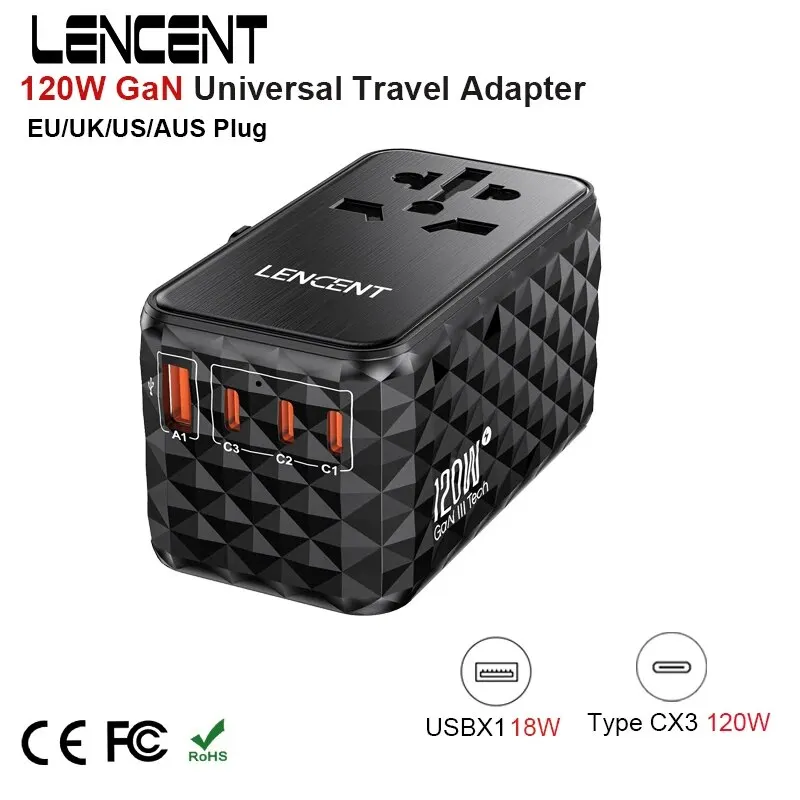 LENCENT 120W gan univerzální cestovní adaptér with1 USB-A+3 type-c all-in-one adaptér postit se nabíječka EU/UK/USA/AUS kolíček pro cestovní