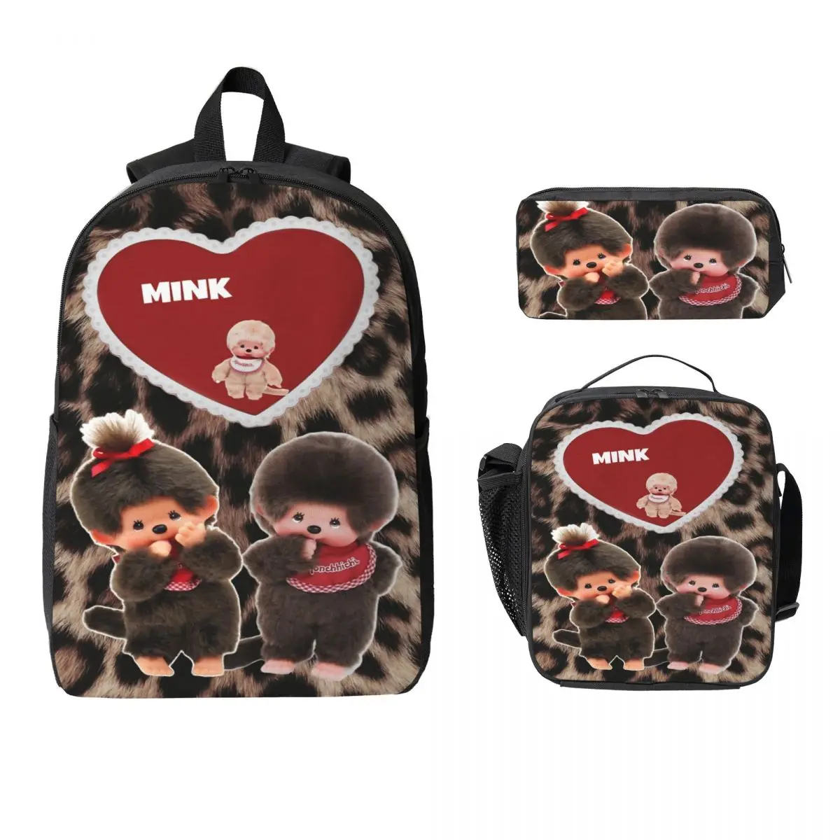 

3 шт., школьные сумки Kawaii Monchhichis, набор для девочек и мальчиков, сумки для ручек, наборы рюкзаков с коробкой для завтрака для школьников, рюкзак