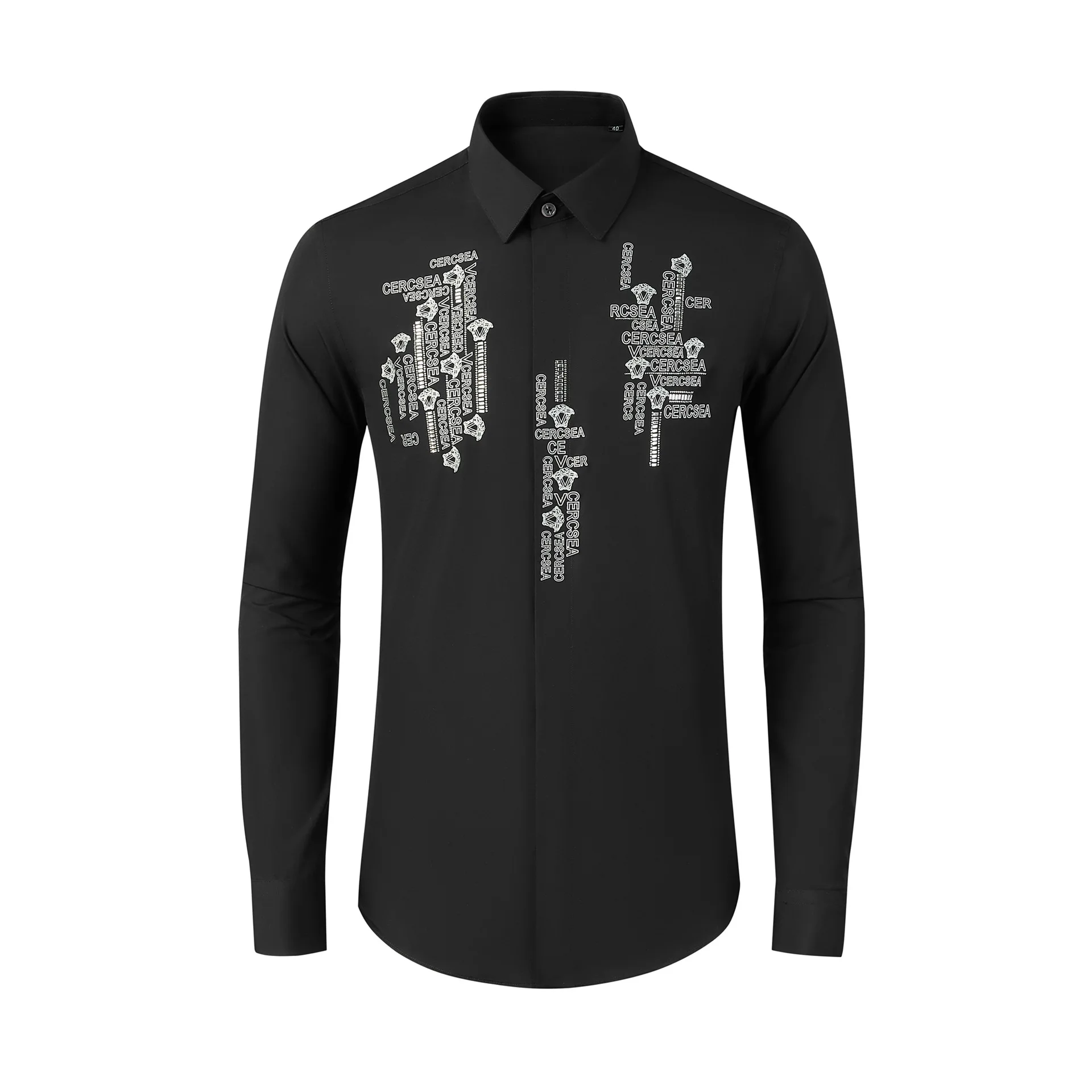 

2025 новая мужская рубашка с длинными рукавами и лацканами спереди с принтом букв, модная облегающая рубашка в британском стиле