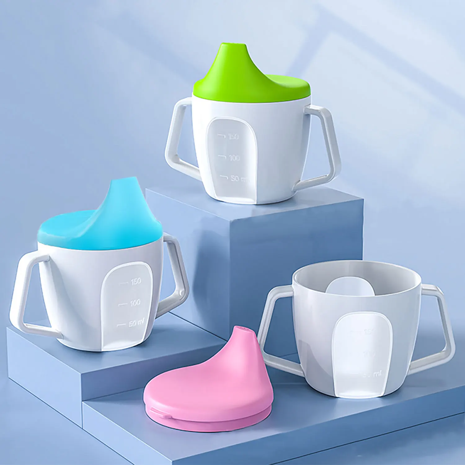 150ml tri-colour baby bottle, duckbill cup, Polya cup with handle, graduated, leak-proof, drop-proof cup.