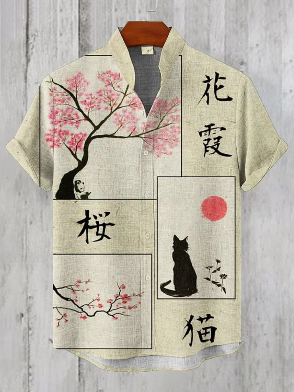 

Men's summer linen short sleeved shirt, retro Japanese art printed shirt, stand up collar single breasted shirt, casual top