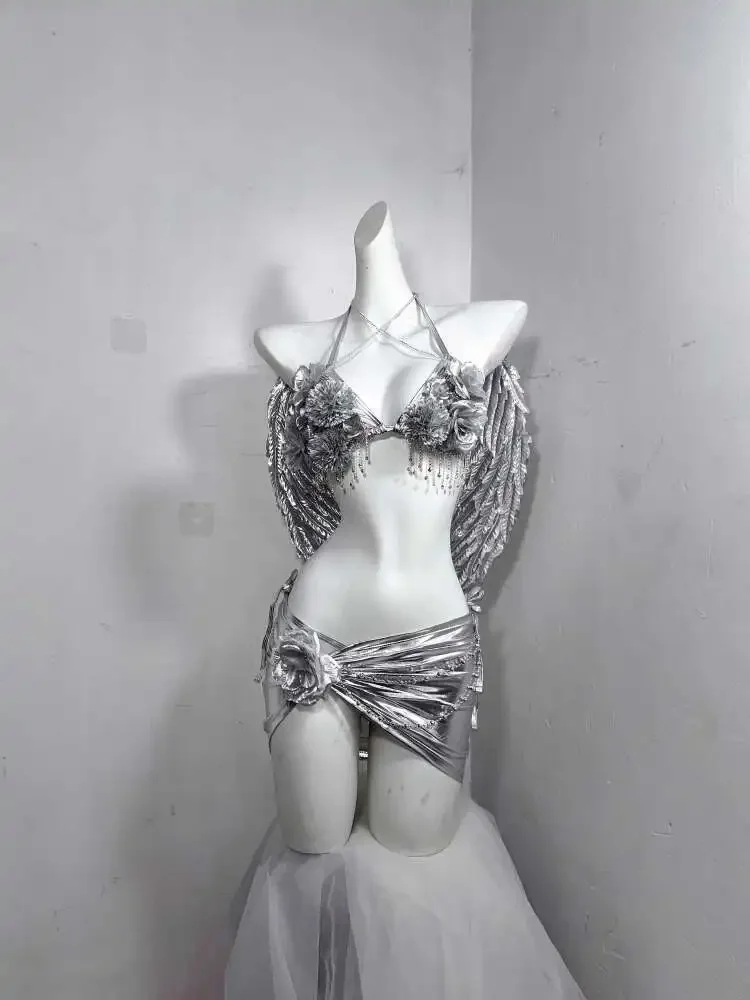 

TDH Subculture Future Liquid Y3k Hollow Chain Hand Sewn Flower Sexy Silver Wings Hot Girl Set