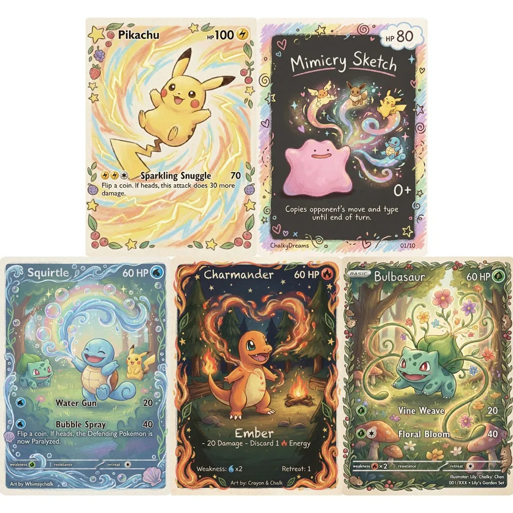 5-cartas-pokemon-ditto-charmander-squirtle-bulbasaur-estilo-quadro-negro-com-giz-cartas-ptcg-holo-raras-presente-pokemon