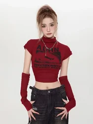 HOUZHOU Y2k Red Tops for Women Vintage 2000s Aesthetic Kpop T-shirts Grunge Korean Long Sleeve Gyaru Streetwear Harajuku Acubi