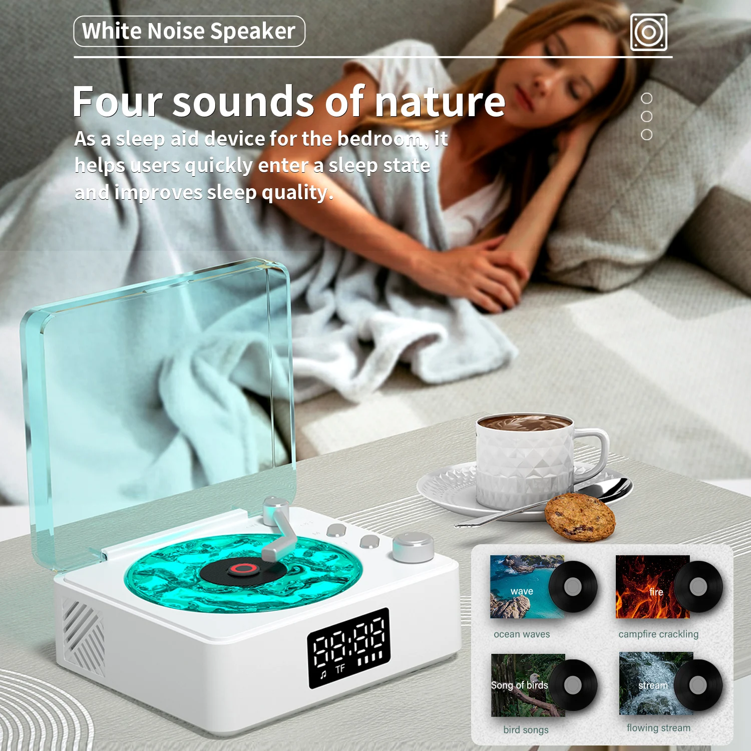 Ondas Retro tocadiscos ruido blanco altavoces inalámbricos BT reloj recargable portátil regalo ayuda para dormir Audio atmósfera luz nocturna