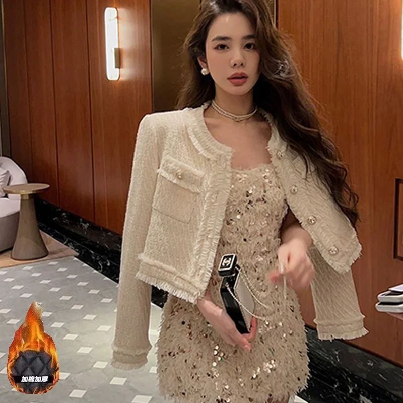 

Толстая стеганая элегантная женская куртка с кисточками для женщин, осень-зима 2022, новый французский короткий топ