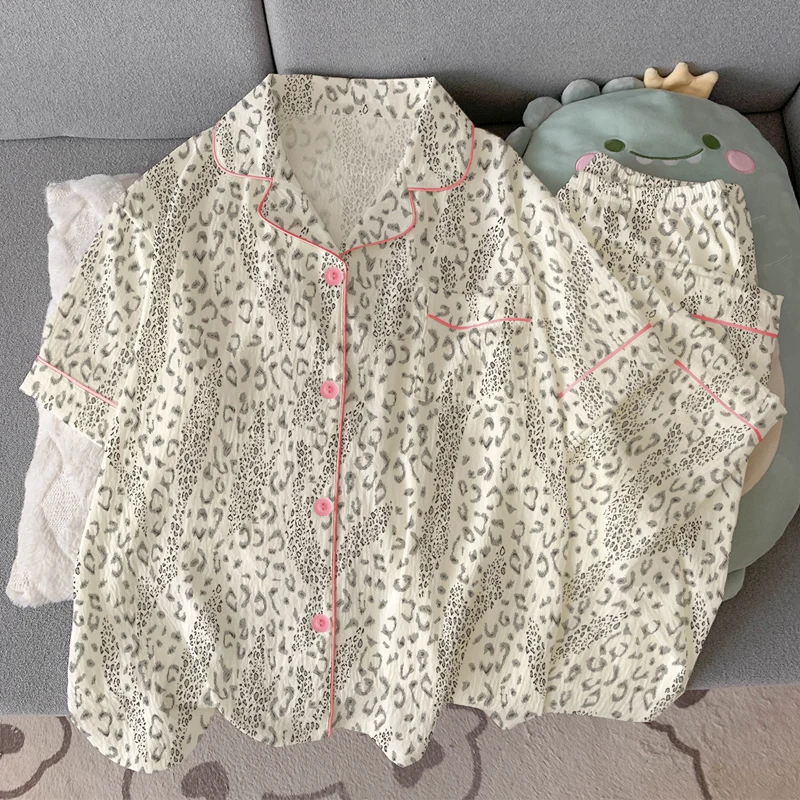 Ladies Nightwear Short Sleeved Pants Small Fresh Leopard Print Skin Friendly Clothes Women's Pajamas Student Sleepwear Homewear