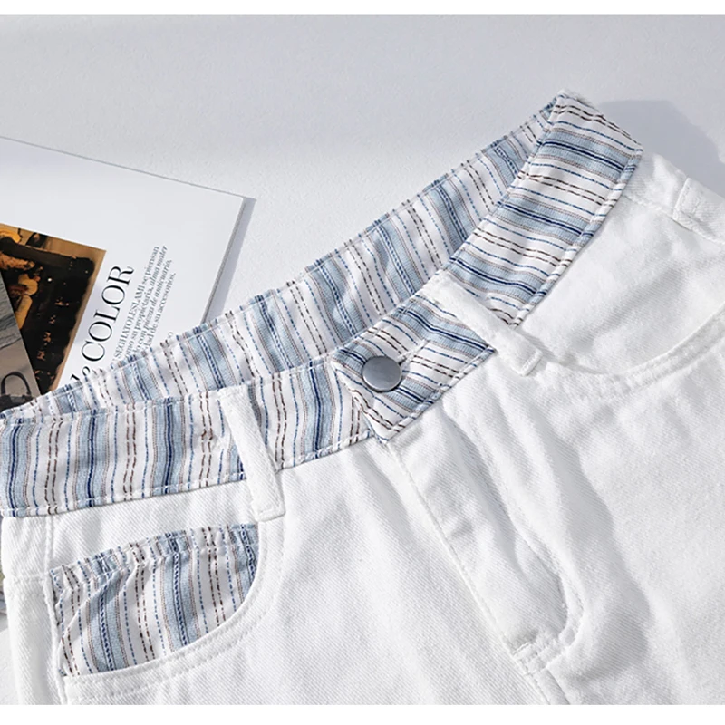 Branco perna larga jeans para mulheres verão fino casual solto listrado bolso denim calças moda cintura alta em linha reta calças finas