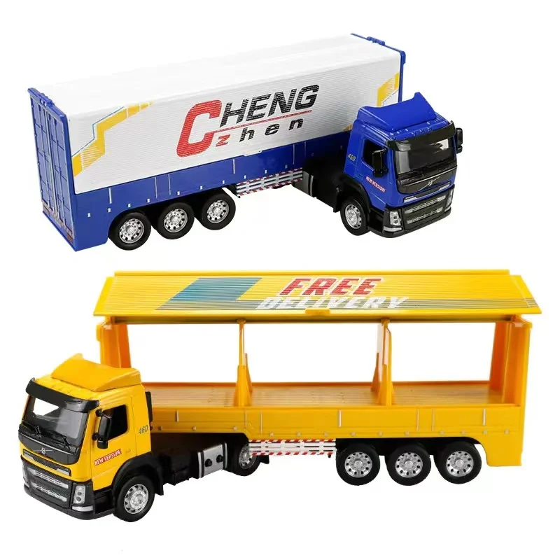 1:50 Scale Volvo Cargo Container Truck Toy Car Diecast Vehicle Model Pull Back Sound & Light Educational Collection Gift For Kid