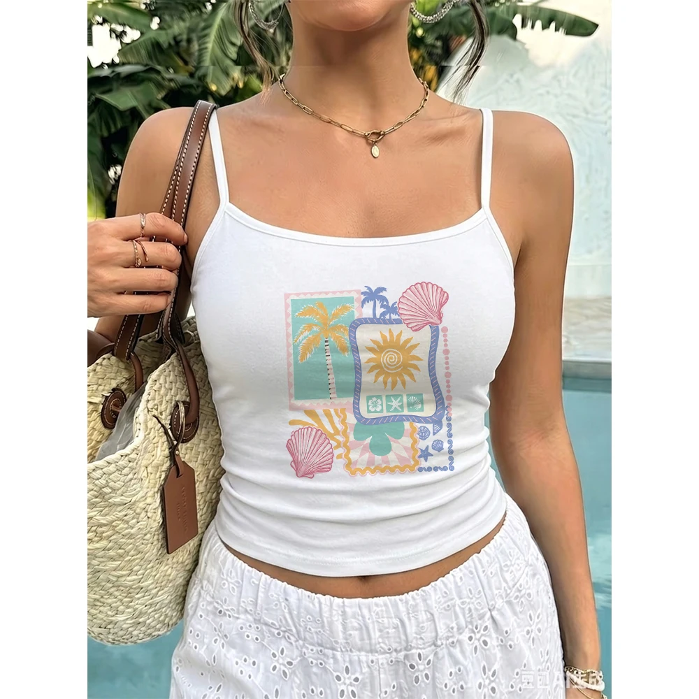 Tropical Postage Stamp Collage Camisole Women Summer Vintage Palm Tree & Seashell Tank Top Casual Vest for Beach Holiday