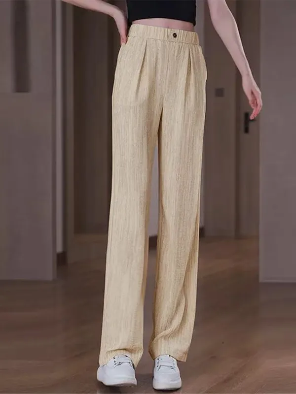 Pantaloni casual in seta di ghiaccio sottile vestibilità ampia a vita alta Pantaloni a gamba dritta coreani Sle retrò Estate 2025 Nuovo arrivo