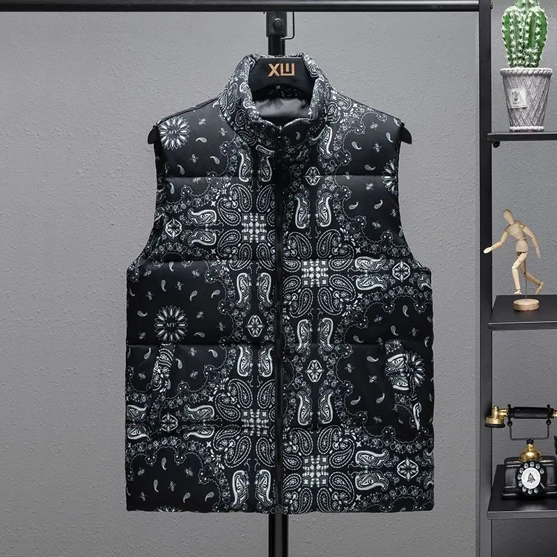 

Men's Thermal Insulated Stand Collar Vest with Cashew Flower Print Thickened Down Jacket for Winter Warmth