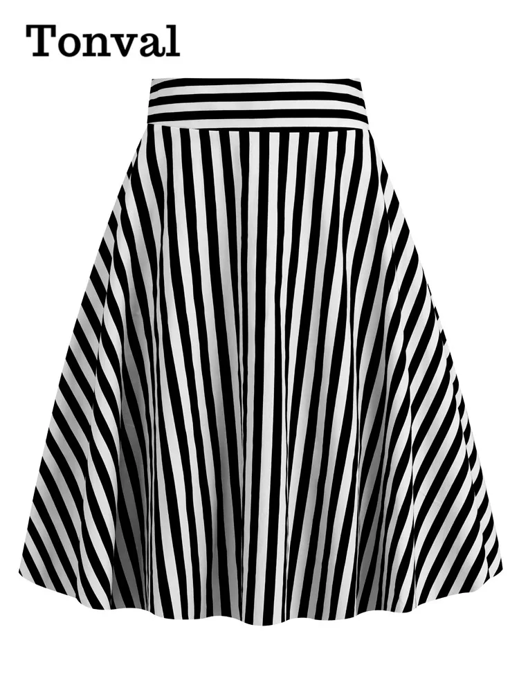 Spódnice damskie Tonval w czarno-białe paski, vintage, trapezowe, bawełniane, eleganckie, retro, na lato 2026, midi, rozkloszowane.